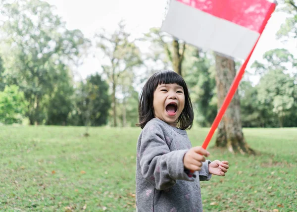 Asiatisk liten flicka som innehar en pinne indonesiska flagga med Toothy — Stockfoto