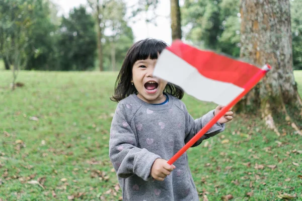 Gadis kecil asia memegang tongkat bendera Indonesia dengan tobecincy — Stok Foto