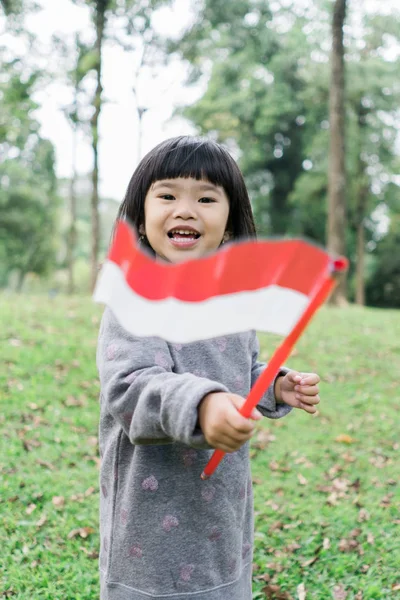 Gadis asia kecil mengibarkan bendera nasional indonesia dengan senyum — Stok Foto