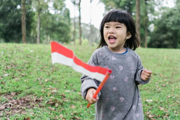 Asiatisk liten flicka som innehar en pinne indonesiska flagga med Toothy — Stockfoto