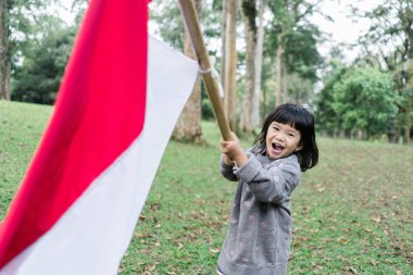 asya küçük kız Endonezya bayrağı çırpan