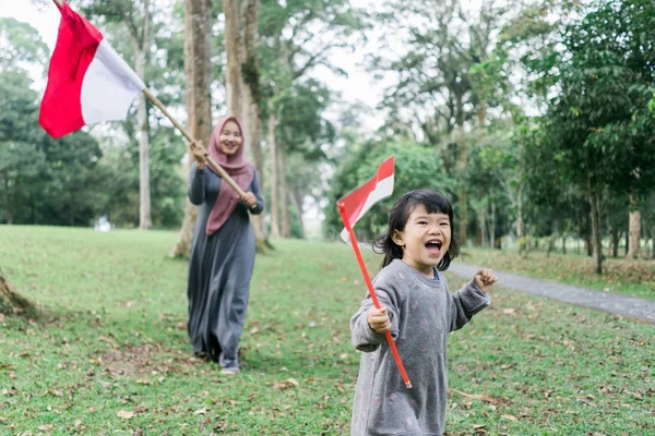 Endonezya hijab kadın büyük bayrak ile bambu sopa tutan