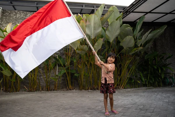 Asiatique petite fille battant drapeau indonésien — Photo
