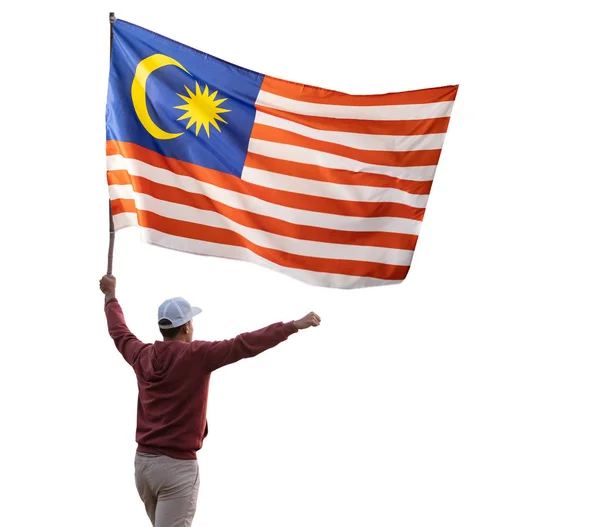 Pria dengan bendera malaysian terisolasi di atas putih — Stok Foto