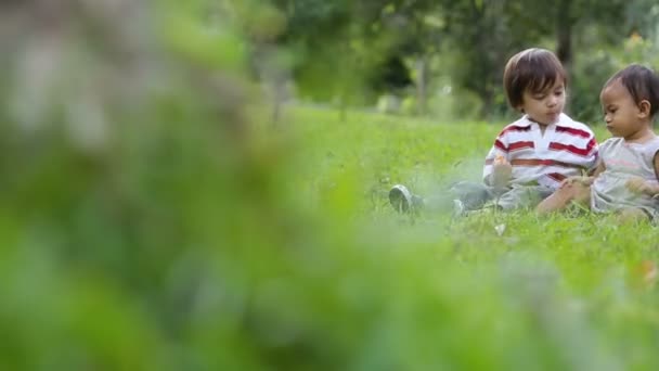 Kleine Mädchen und Jungen sitzen im Park — Stockvideo