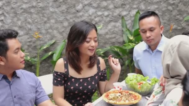 Amigos disfrutando del almuerzo en el jardín — Vídeos de Stock