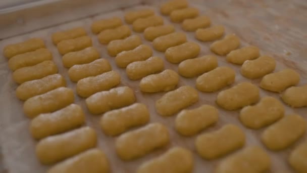 Gâteau kaasstengels. gros plan de la fabrication de boulangerie — Video