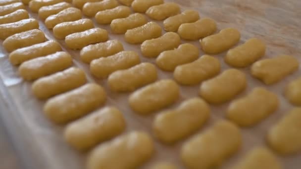 Gâteau kaasstengels. gros plan de la fabrication de boulangerie — Video