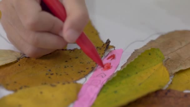 Actividad infantil haciendo artesanía a partir de hojas secas — Vídeos de Stock