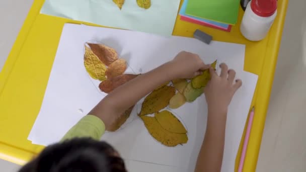 Atividade infantil fazendo artesanato a partir de folhas secas — Vídeo de Stock