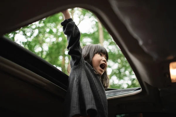 Gadis kecil berdiri berteriak dengan tangan ke atas — Stok Foto