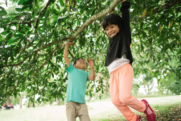 Petite fille a essayé de balancer sa main en tenant une branche d'arbre — Photo