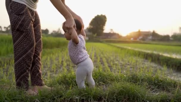 Madre ayudar a su bebé a caminar su primer paso — Vídeo de stock