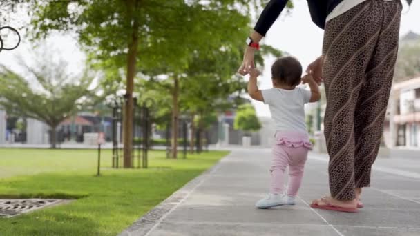 Ibu berjalan bayinya di taman — Stok Video