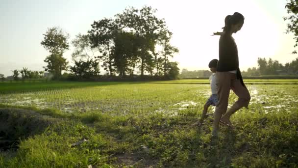 Asijské matka a dcera těšit hrát venku — Stock video