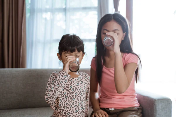 Sibling sister having a glass of water to drink — Stock Photo, Image