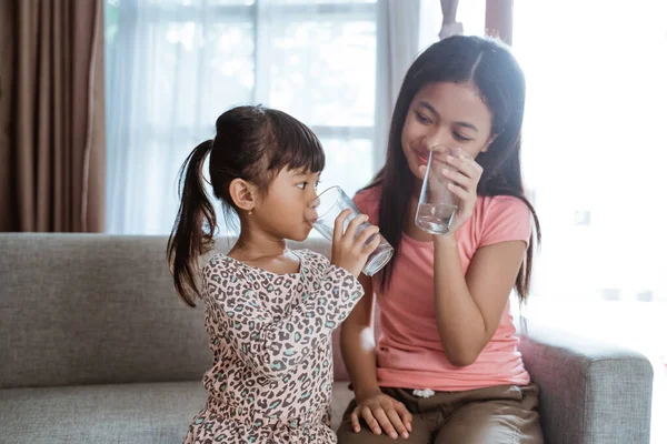 Hermana hermana teniendo un vaso de agua para beber — Foto de Stock