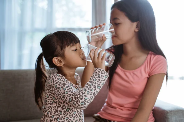 Hermana hermana teniendo un vaso de agua para beber —  Fotos de Stock