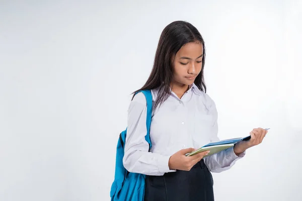 Kız ortaokul öğrencisi tablet bilgisayar kullanıyor — Stok fotoğraf