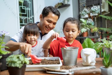 Asyalı baba ve iki kızı saksı yetiştirmek için kürek kullandıklarında mutlu olurlar.