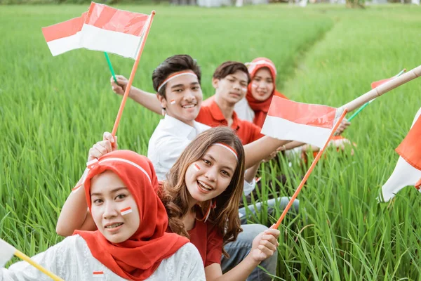 Pemuda Asia tersenyum sambil memegang bendera kecil berwarna merah dan putih yang sedang duduk di tengah sawah — Stok Foto