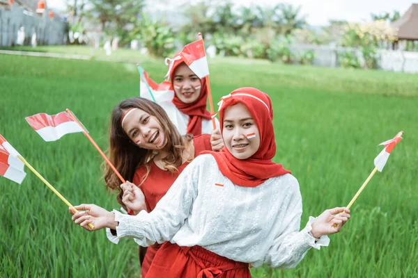 Три дружелюбные девушки улыбаются, держа маленькие флажки на рисовом поле. — стоковое фото