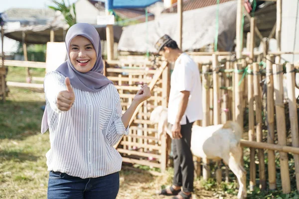 ヤギの養殖場に立っている間に親指を立てるスカーフを持つイスラム教徒の女性 — ストック写真