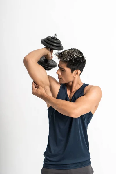 Hombres musculares levantan pesas de mancuerna para entrenar músculos tríceps —  Fotos de Stock