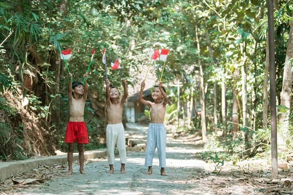 Três meninos de pé quando segurando pequeno a bandeira vermelha e branca e levantou a bandeira — Fotografia de Stock