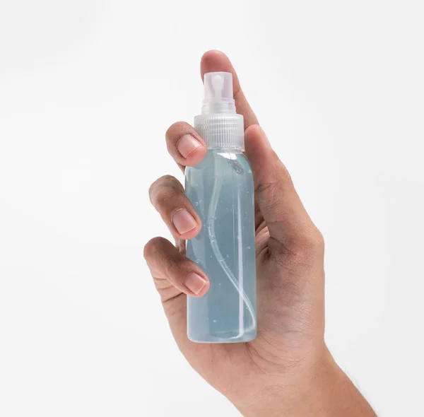 Handen håller plastflaska hand saneringsmedel mockup — Stockfoto