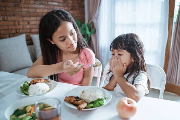 Gadis kecil menolak untuk makan dan kakak perempuannya kesal — Stok Foto