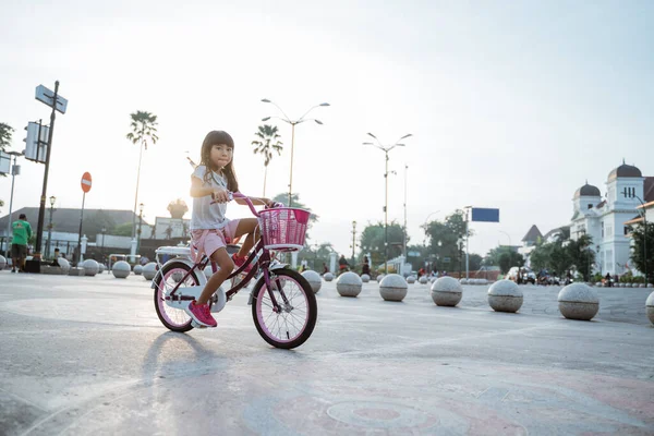 A portrait of a cheerful and happy little girl playing a bicycle in the park — Stock Photo, Image