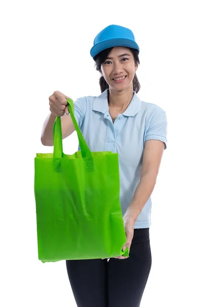 Female uber rider or driver delivering package — Stock Photo, Image
