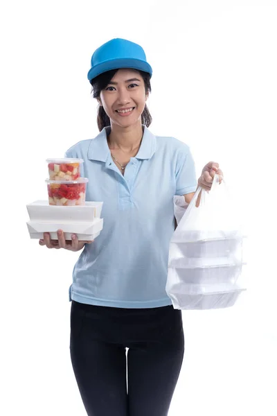 Corriere consegna femminile portare generi alimentari — Foto Stock