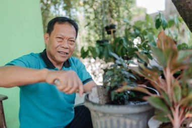 Bir adam hayat dolu bir bahçede güzel ve renkli bitkileriyle neşeyle ilgilenir.