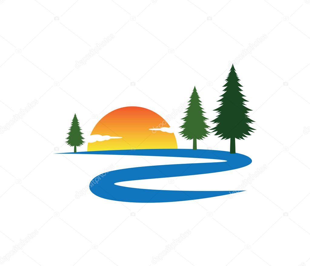 sunset river road pine tree vector logo design template