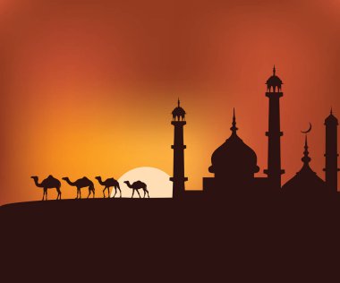 gün batımı çöl peyzaj Camii vektör arka plan illüstrasyon tema ile deve çoban