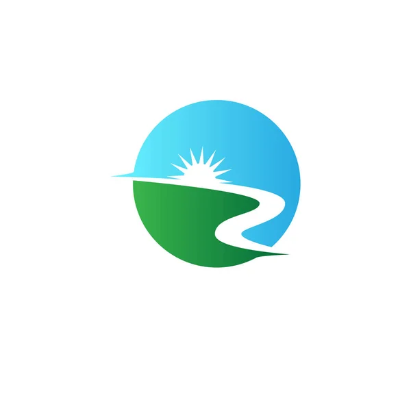 Soyut Nehir Tepe Vektör Logo Tasarım Şablonu Güneşte Şekille Akan — Stok Vektör