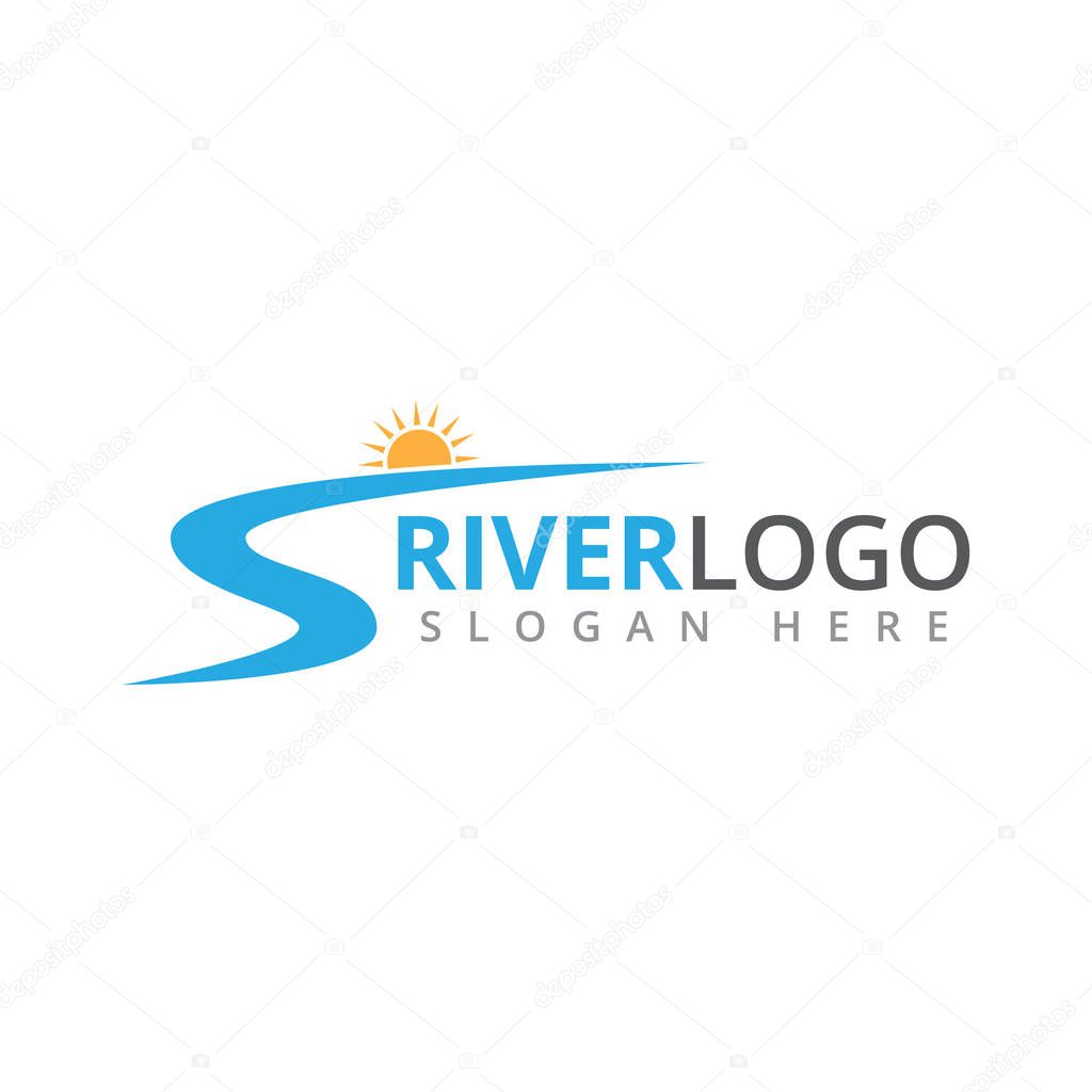Abstract river flowing shape with sun in the peak vector logo design template