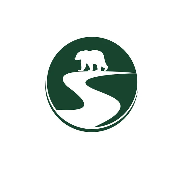 simple silhouette of animal bear on park land with river vector illustration logo design