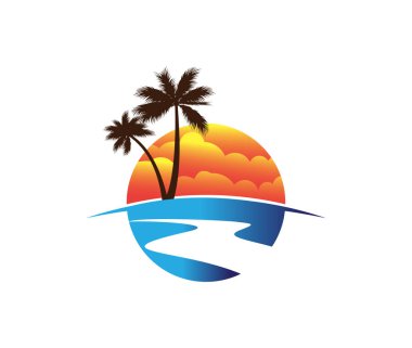 Sunset beach Adası ile Hindistan cevizi ağacı vektör logo tasarım ilüstrasyonlar ilham için marka turizm tur ve seyahat