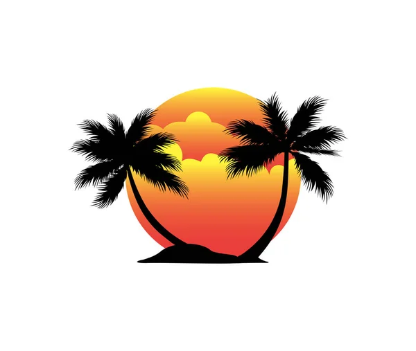 Plaża Zachód Słońca Wyspa Kokosowe Drzewo Wektor Logo Projektowanie Ilustracji — Wektor stockowy