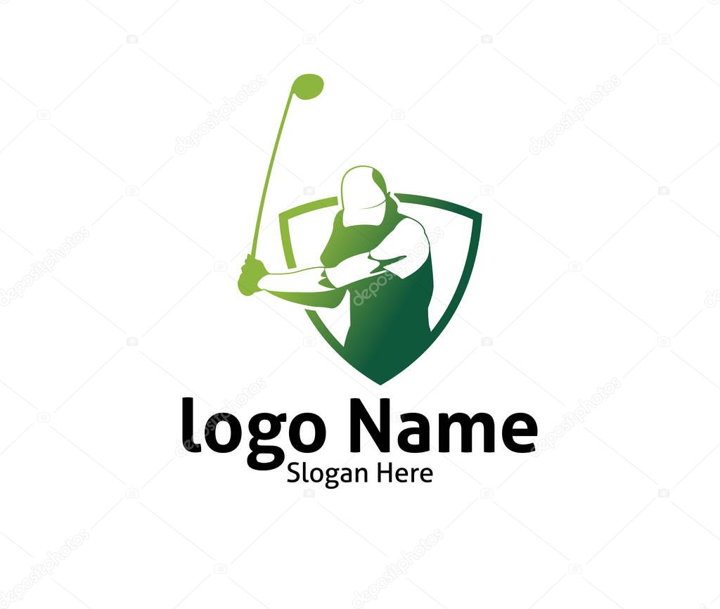 Golf outdoor sport vector logo design inspiration, a player hits the ball with a swing stick for brand and presentation visual