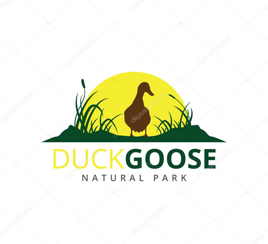 Duck or goose with grass savannah vector logo illustration template