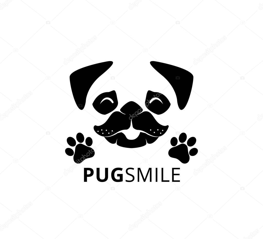 happy smile pug dog face with paw vector graphic design template
