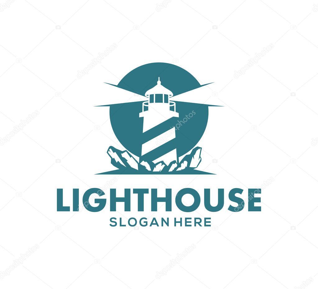 Lighthouse stand in the coral rock ocean at the night vector icon logo design template
