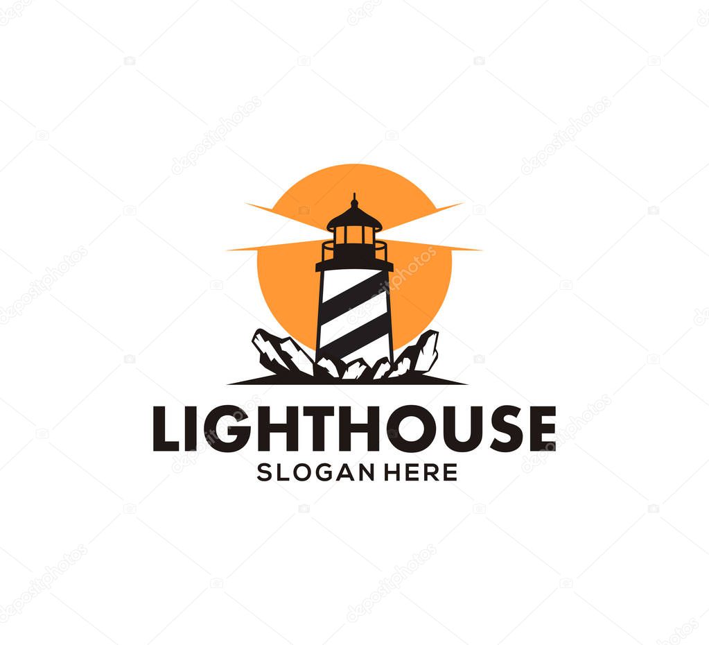 Lighthouse stand in the coral rock ocean at the night vector icon logo design template