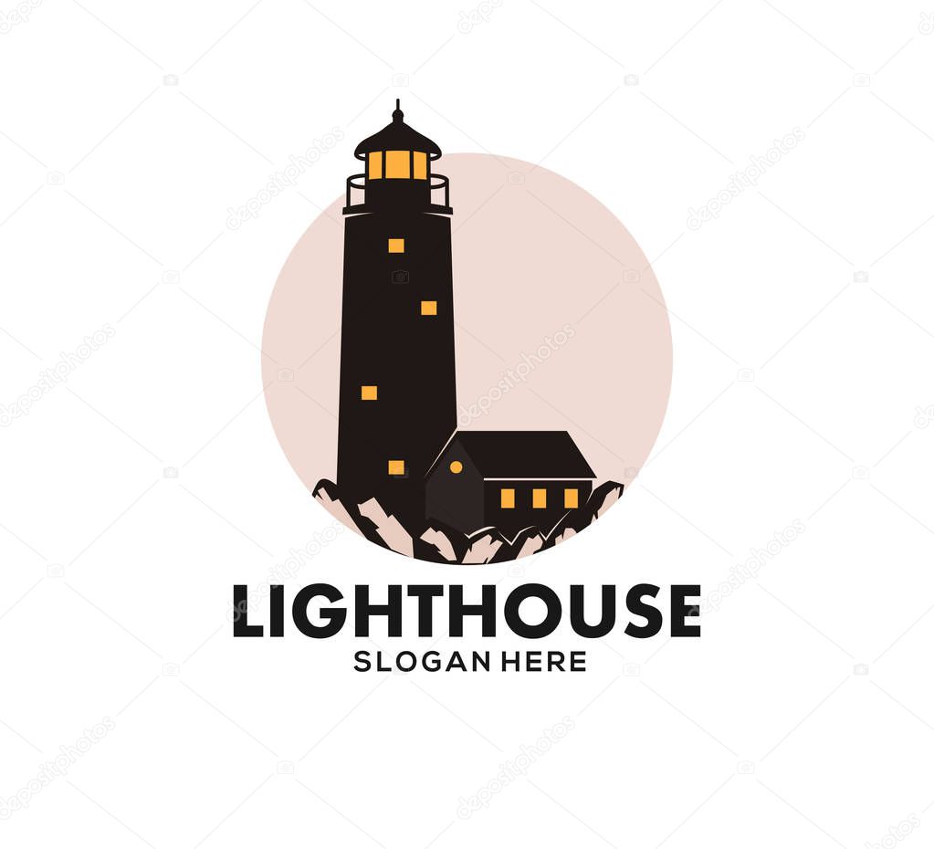 Lighthouse stand in coral rock at the night with the keeper house vector icon logo design template