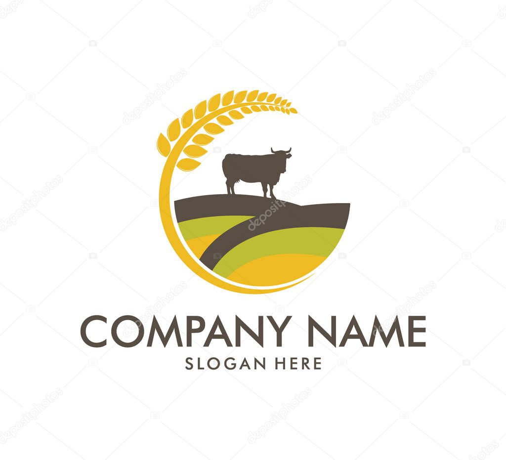 Cow agriculture farm dairy product icon vector logo design template, a cow at a farm land and wheat field