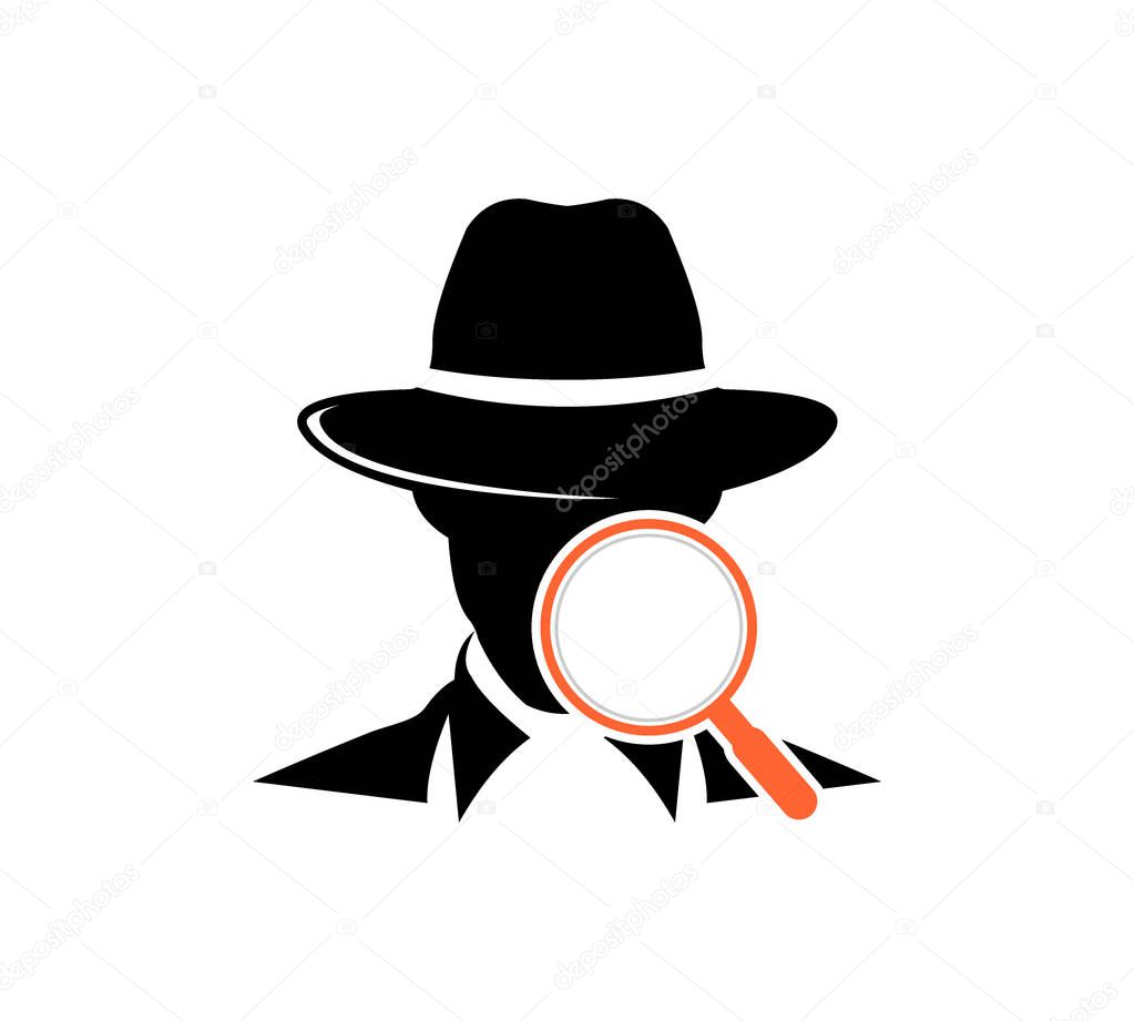 Detective with magnifying glass investigation service vector icon logo design template